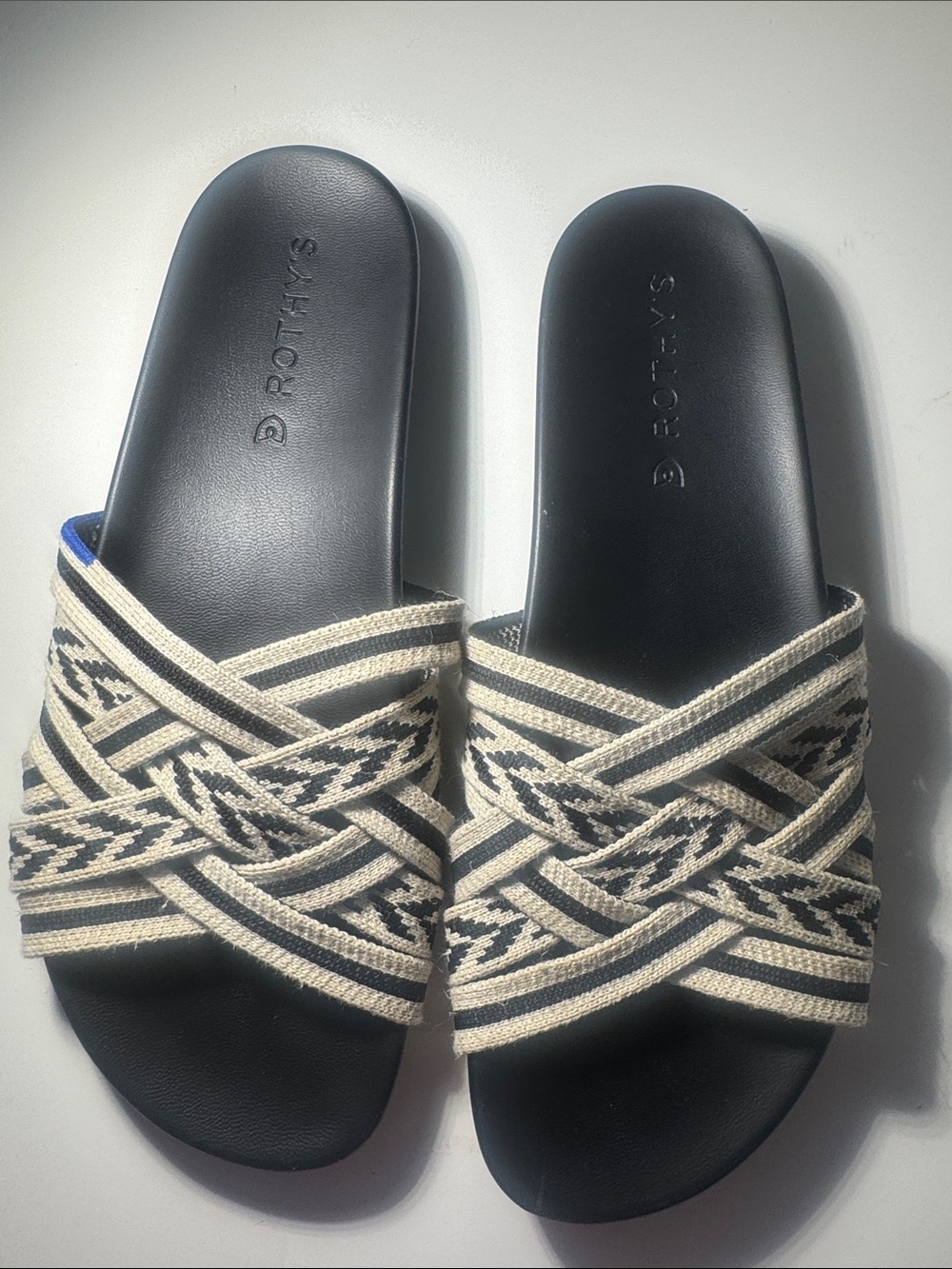 Rothy's Black Slides with Cream Woven Crisscross Straps
